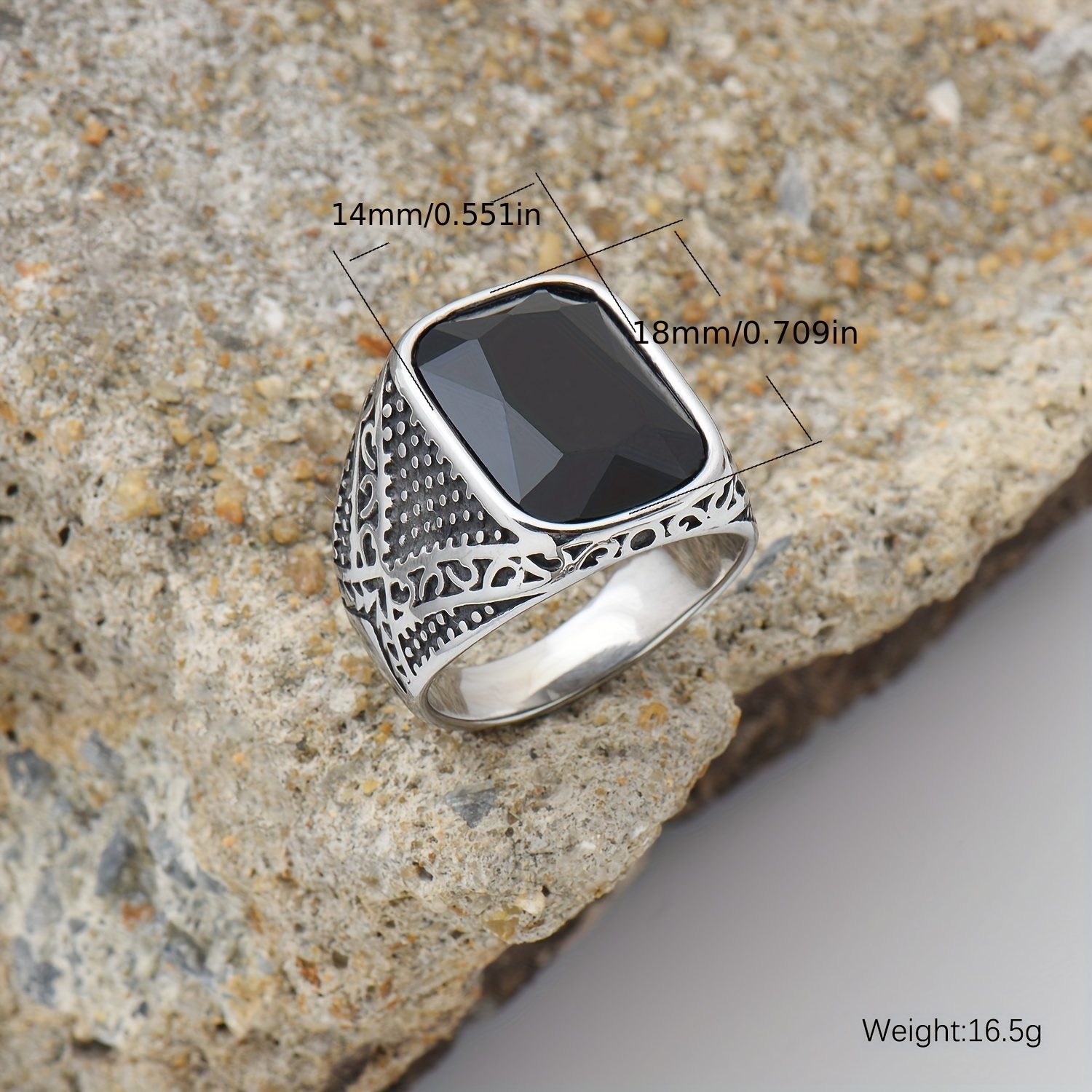 Vintage Titanium Steel Square Faceted Ring Men's Retro Pattern Single